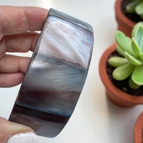 Silver Tone Bangle Bracelet Grey Blue Abalone Shells Panels Costume Jewelry - Picture 3 of 6